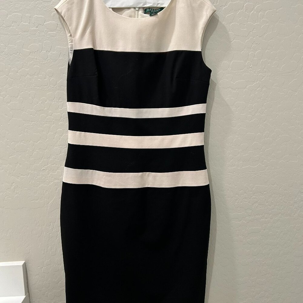 Ralph Lauren Black & Ivory Striped Sheath Dress – Size 8